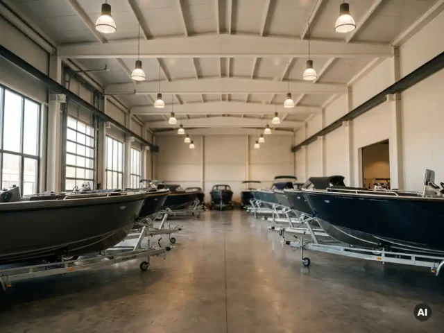 Ruime botensalon met aluminium sloepen op trailers, verlicht door industriële LED-verlichting en daglicht via hoge magazijnramen.