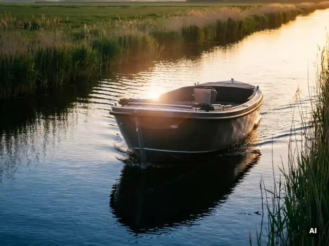 Antracietkleurige aluminium sloep vaart rustig door een poldervaart bij gouden uur, met rietkragen en weerspiegeling van de amberkleurige lucht.