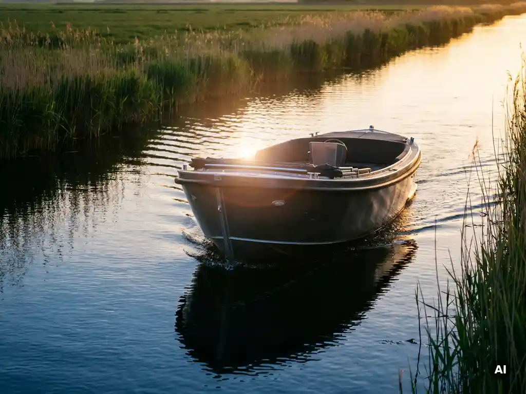 Antracietkleurige aluminium sloep vaart rustig door een poldervaart bij gouden uur, met rietkragen en weerspiegeling van de amberkleurige lucht.