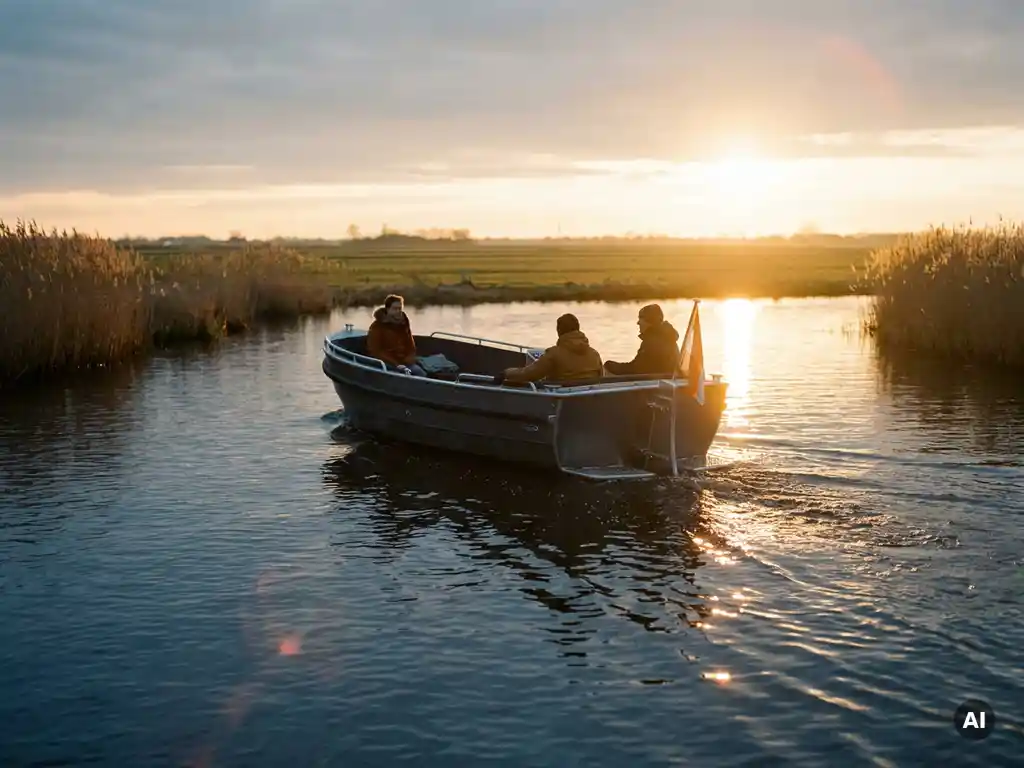 Antraciet aluminium sloep vaart over rustig Nederlands polderwater in warm tegenlicht van de ondergaande zon.