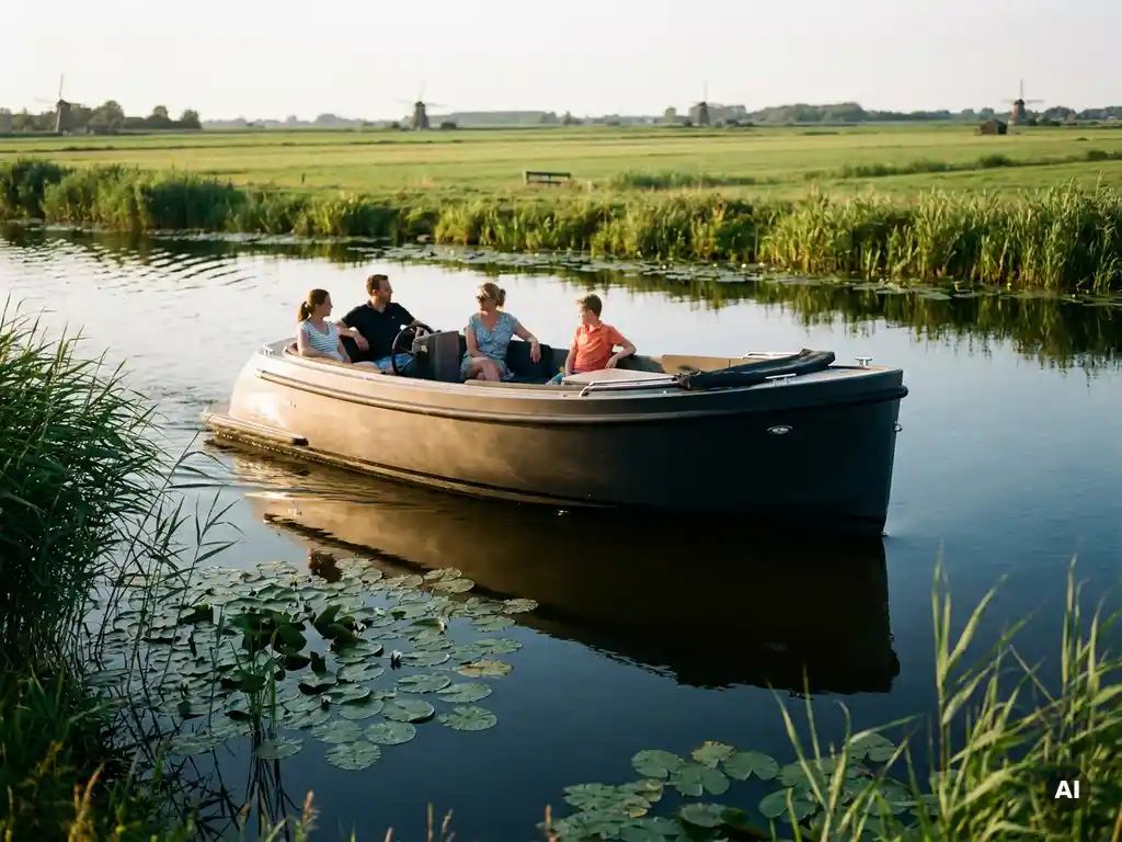 Elektrische sloep vaart geruisloos door Nederlands polderlandschap met riet en waterlelies, gezinssilhouet in warm middaglicht.
