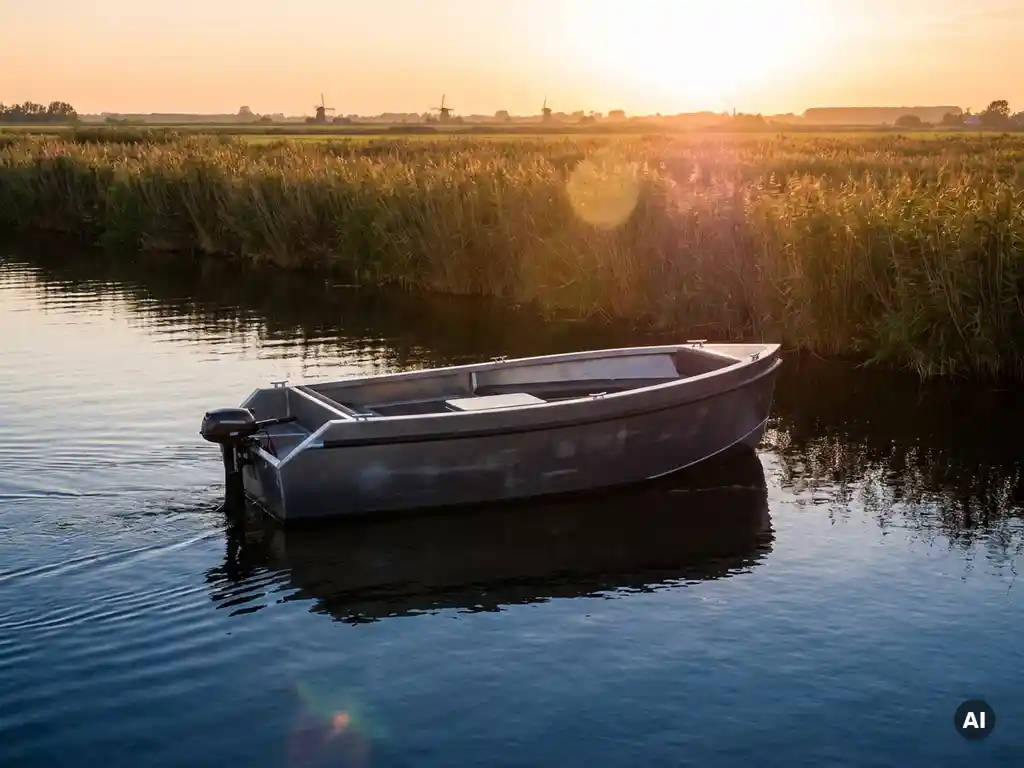 Antracietkleurige elektrische sloep vaart geruisloos door een Nederlandse polderwaterweg tijdens het gouden uur.
