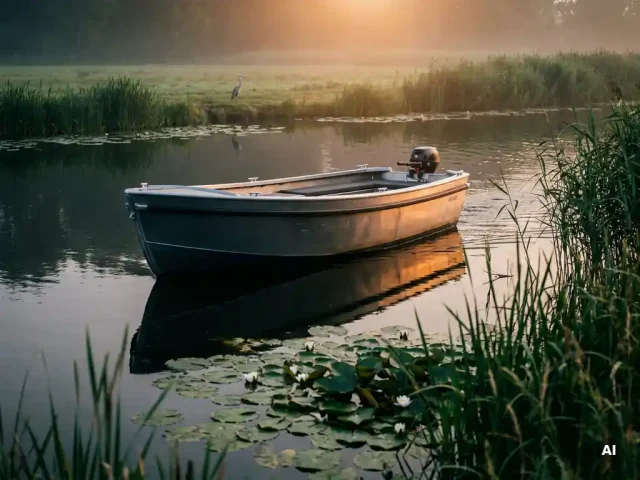 Elektrische aluminium sloep vaart geruisloos door Nederlands polderlandschap met riet, waterlelies en een reiger in gouden avondlicht.