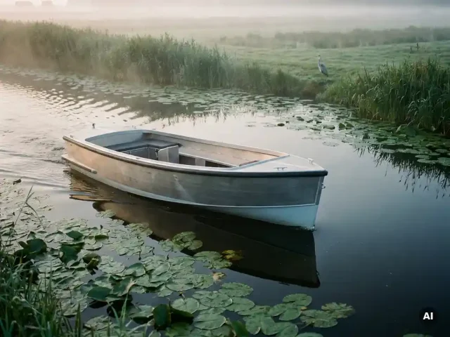Elektrische aluminium sloep vaart stil door Nederlands polderlandschap met rietkragen, waterlelies en een blauwe reiger in ochtendmist.