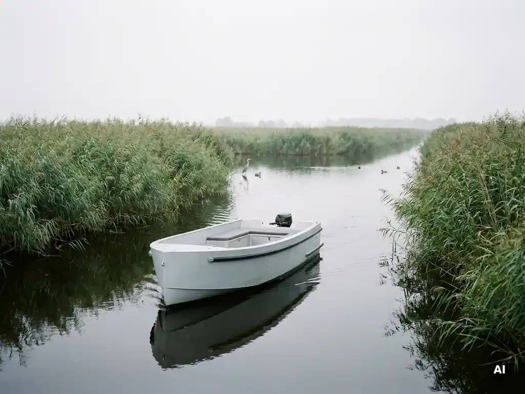 Elektrische aluminium sloep vaart geruisloos door een Nederlands polderlandschap met rietkragen en watervogels.