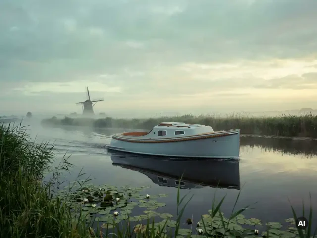 Elektrische sloep vaart rustig door een Nederlands polderlandschap met rietkragen en waterlelies in ochtendmist.