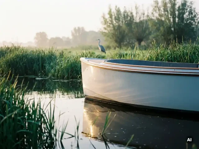 Elektrische sloep vaart geruisloos door een Nederlands poldergebied met groene rietkragen, stil donker water en een reiger op de achtergrond.