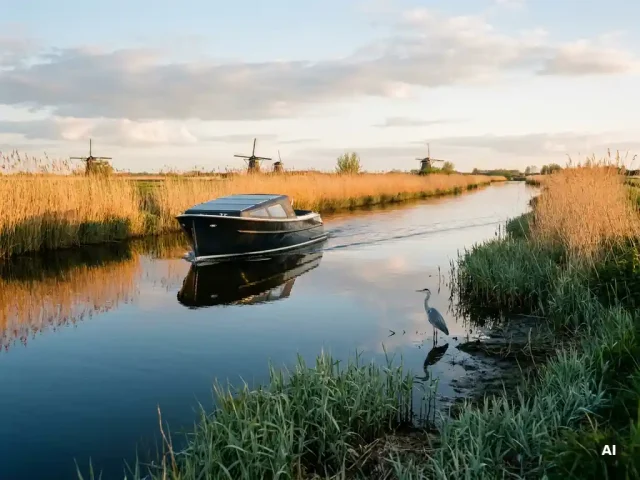 Elektrische sloep vaart geruisloos door een Nederlandse polderwaterweg, met riet en een reiiger in het gouden middaglicht.