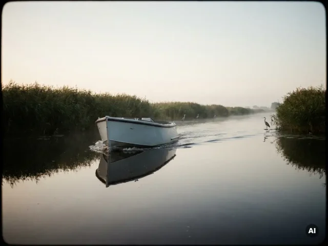 Elektrische aluminium sloep vaart stil door mistig polderwater, omringd door rietkragen en reiger, spiegelend donker water.