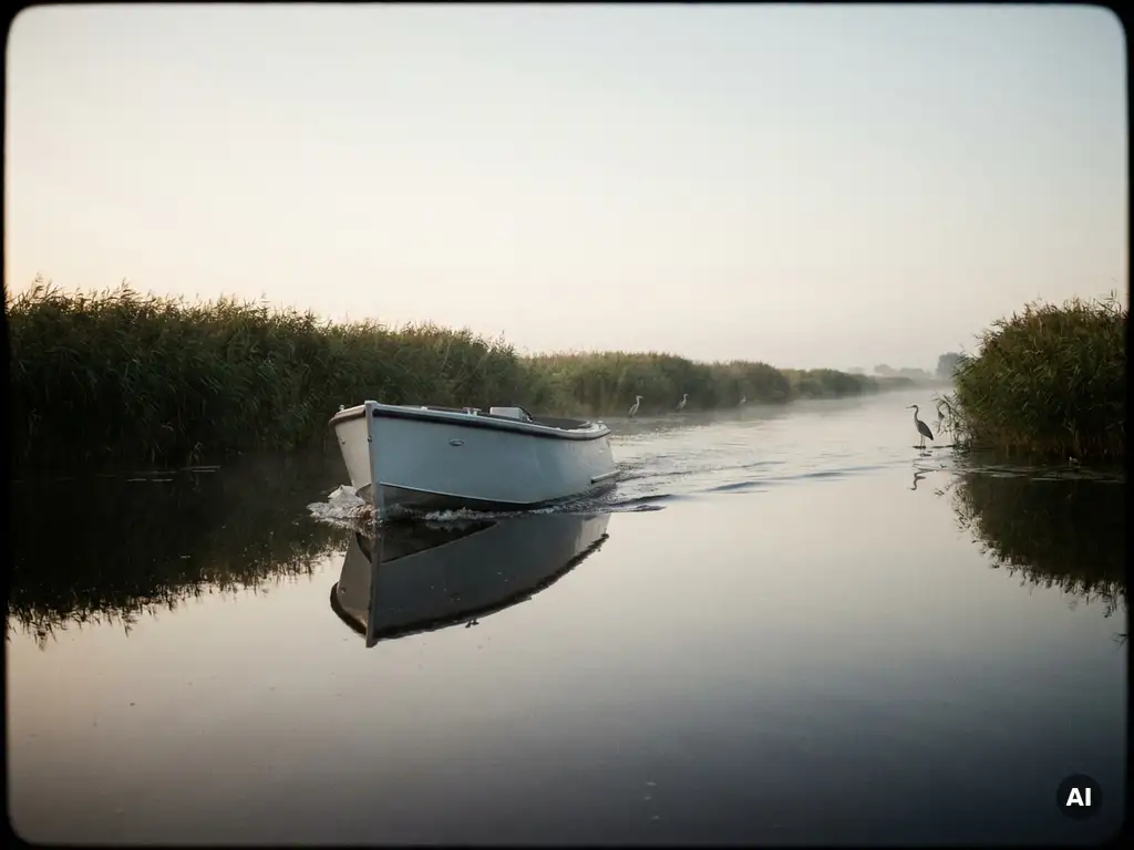 Elektrische aluminium sloep vaart stil door mistig polderwater, omringd door rietkragen en reiger, spiegelend donker water.