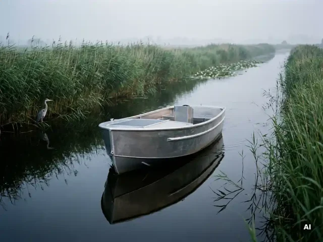 Elektrische sloep glijdt geruisloos door een Nederlands polderlandschap met rietkragen, waterlelies en een reiger op de oever.
