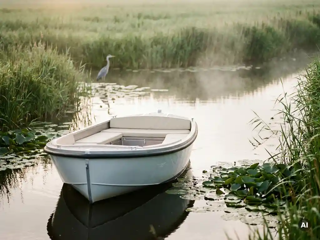 Elektrische aluminium sloep vaart door Nederlands polderwater, omgeven door rietkragen en waterlelies, met reiger in de mistige achtergrond.