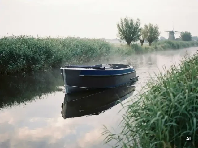 Elektrische sloep vaart door Nederlands polderlandschap met rietkragen langs donker water en lichte ochtendmist.