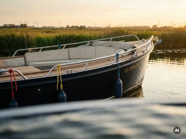 Elektrische sloep met marineblauw aluminium romp en teakhouten details vaart over rustig Nederlands polderwater in gouden middaglicht.