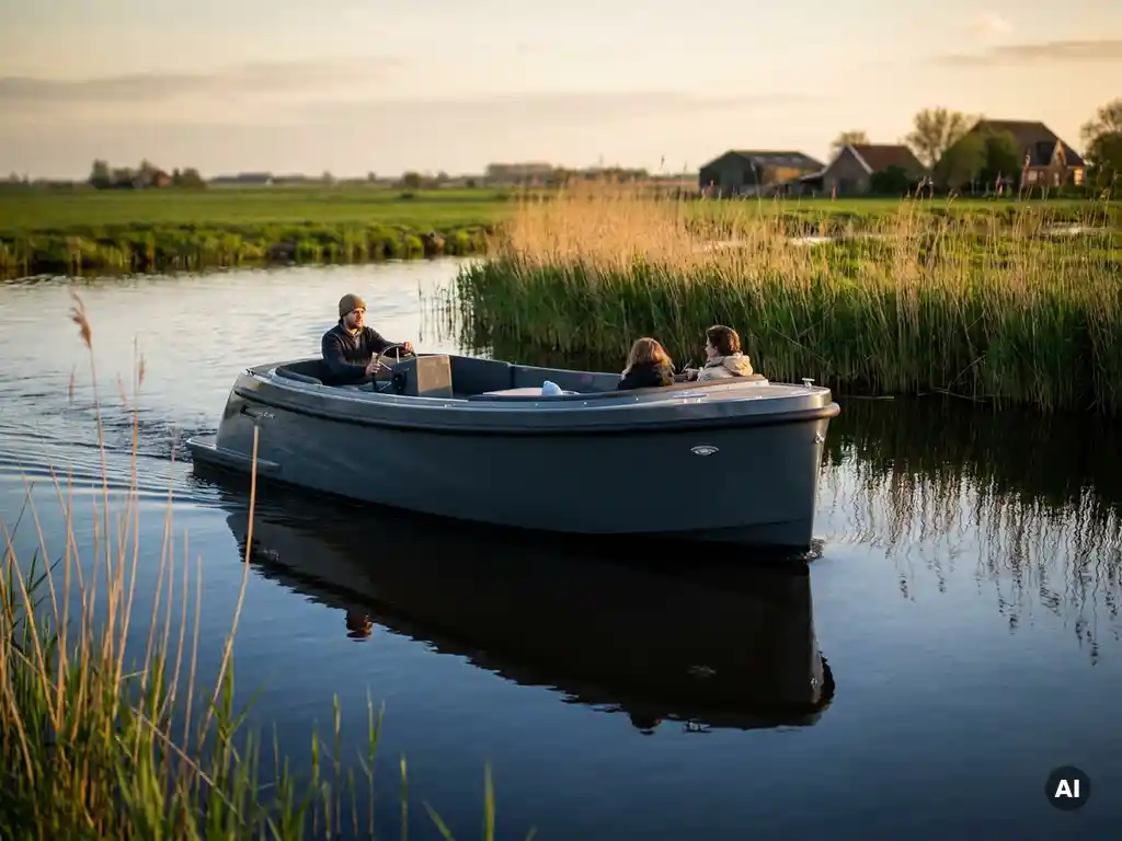 Antracietgrijze elektrische sloep vaart geluidloos door een Nederlandse poldersloot, omgeven door rietkragen in warm goudkleurig middaglicht.