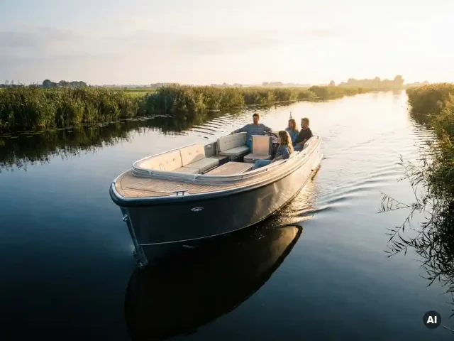 Elektrische aluminium sloep vaart rustig door een Nederlandse poldervaarweg bij gouden uur, met cremekleurige kussens en teakhouten accenten.