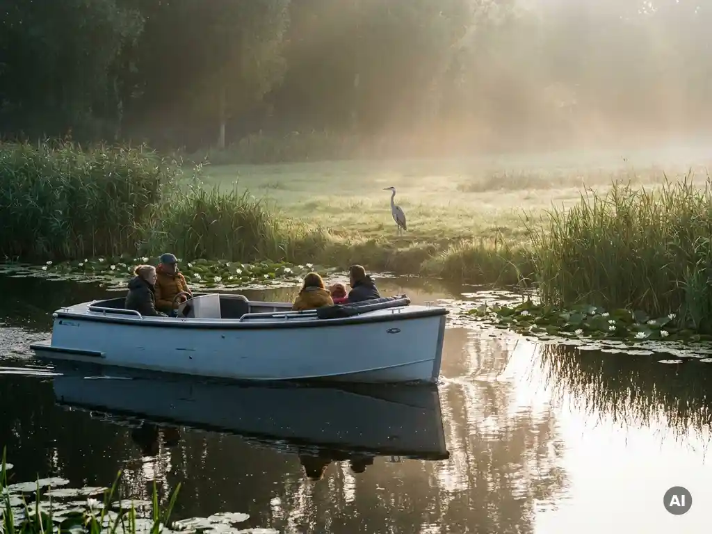 Elektrische aluminium sloep vaart stil door een Nederlands polderwater met rietkragen, waterlelies en een reiger in ochtendmist.
