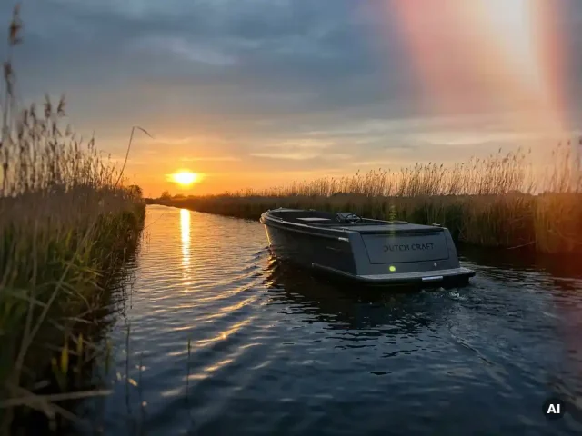 Antracietkleurige elektrische sloep vaart geruisloos door een Nederlands polderwater, omgeven door rietkragen in gouden middagzon.