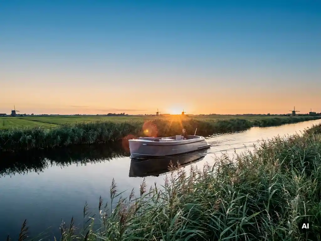Elektrische sloep glijdt geruisloos door een Nederlands polderwater, omgeven door rietkragen en groene weilanden in gouden avondlicht.