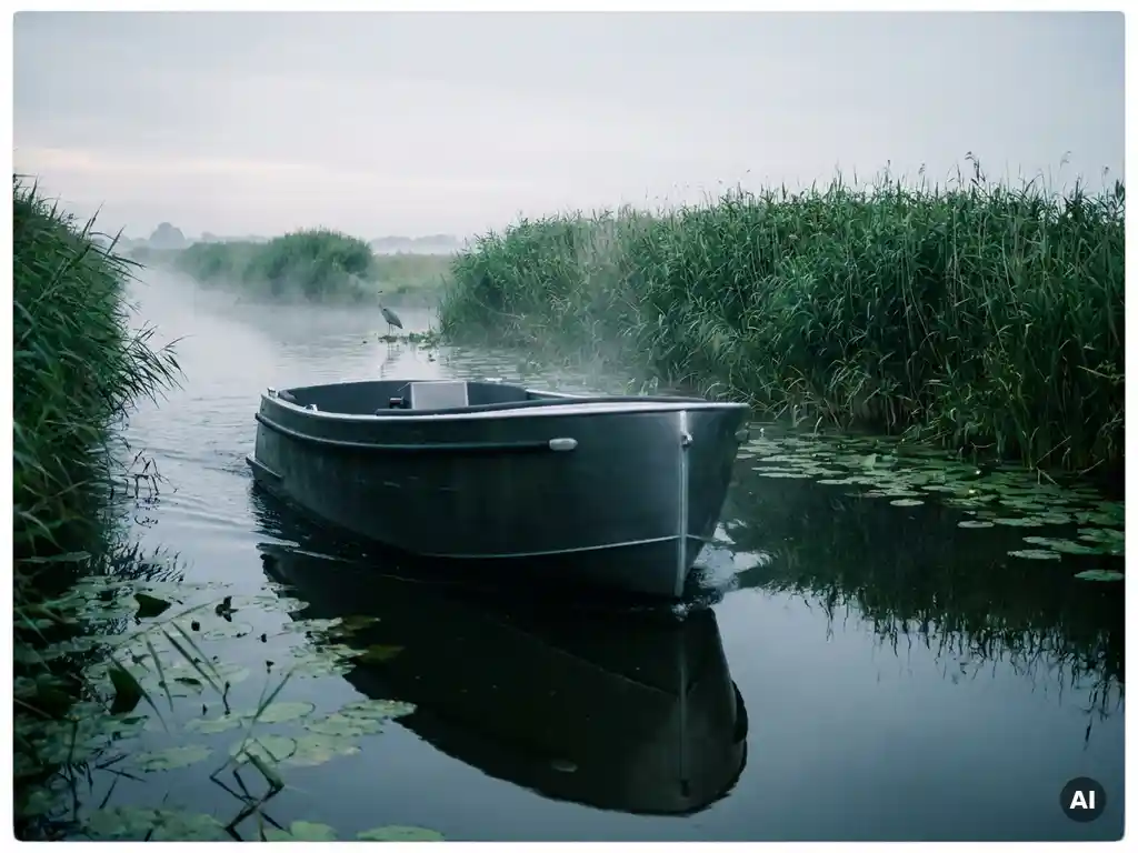 Elektrische aluminium sloep vaart geruisloos door een Nederlandse polderwaterweg met rietkragen, waterlelies en een reiger op de achtergrond.