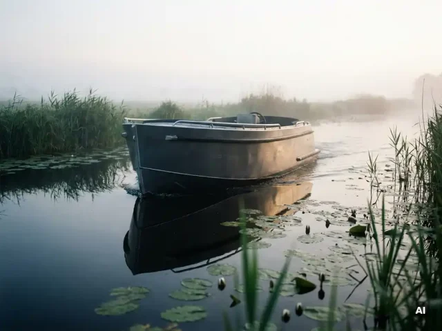 Antracietgrijze elektrische sloep vaart door een stille Nederlandse polderwaterweg, omgeven door rietkragen en waterlelies in vroege ochtendmist.