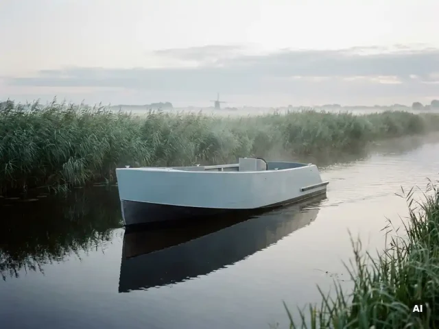 Elektrische aluminium sloep vaart geruisloos door een rustige polderwaterweg, omgeven door riet en ochtendmist.