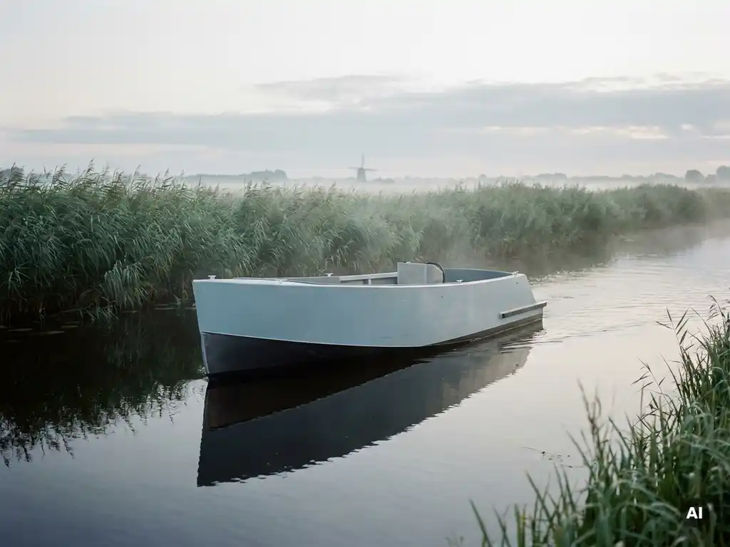 Elektrische aluminium sloep vaart geruisloos door een rustige polderwaterweg, omgeven door riet en ochtendmist.