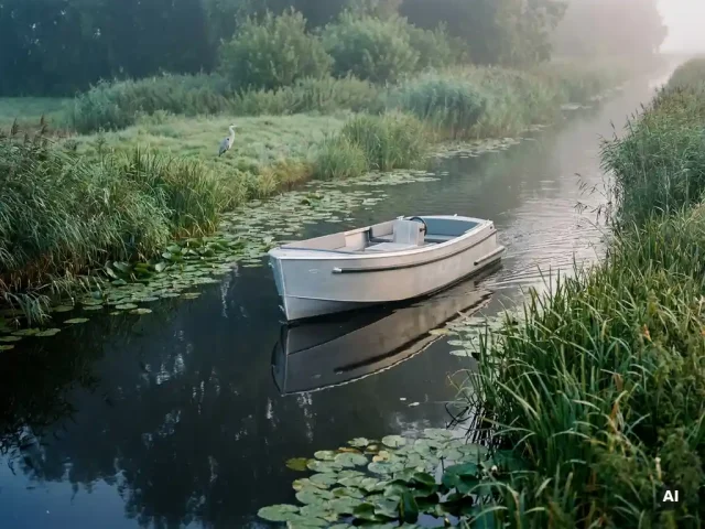 Elektrische sloep glijdt door rustig Nederlands polderwater, omgeven door rietkragen en waterlelies, reiger op de oever in vroeg ochtendlicht.